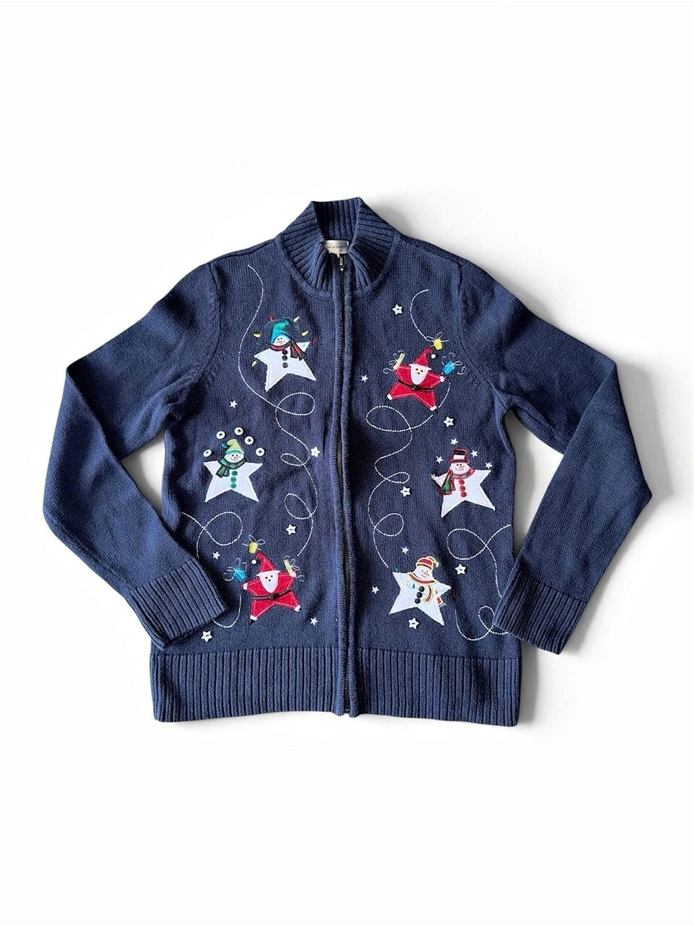 Christopher & Banks Snowman and Star Embroidered Zip Front Holiday Cardigan Blue